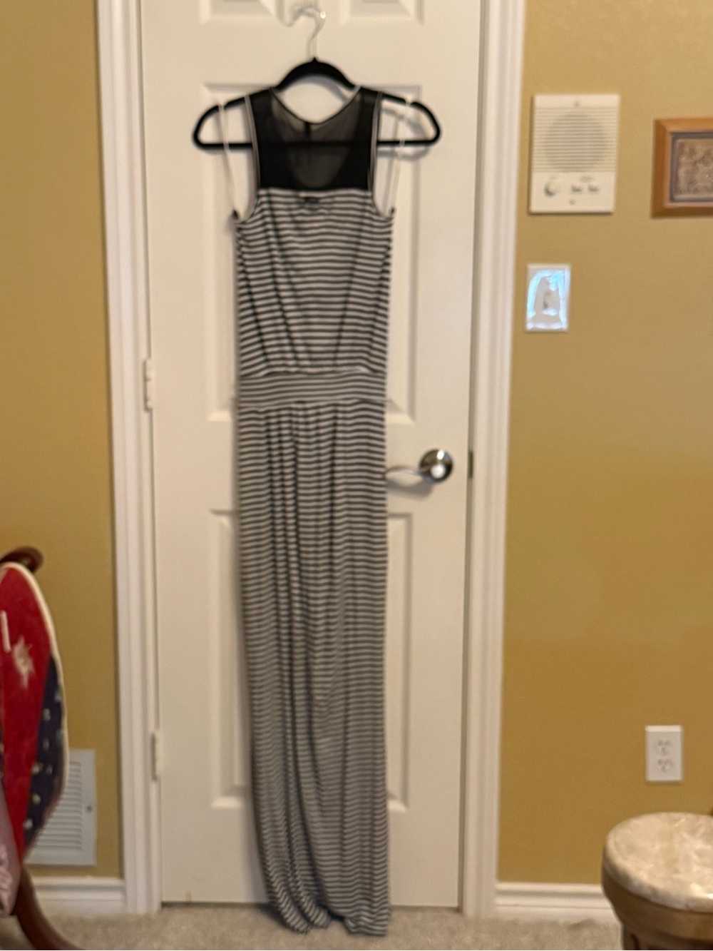 Black & White Striped Maxi Dress with Mesh Yoke